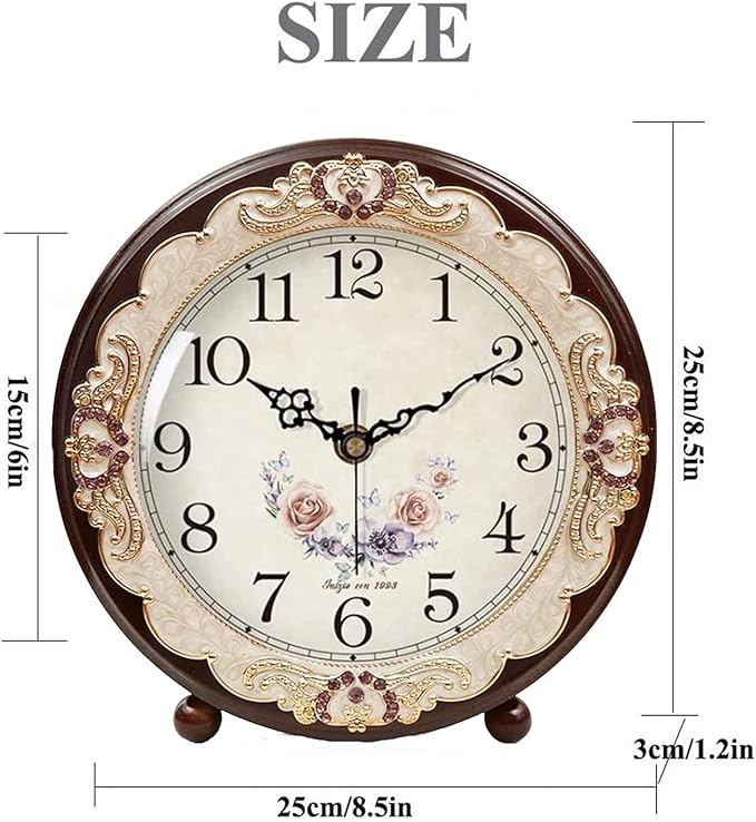 Justup Vintage Wooden Table Clock, Retro Non-Ticking European Style Beside Mantle Desk Clock Battery Operated Silent Quartz Movement for Bedroom Living Room Indoor Decor (Purple)