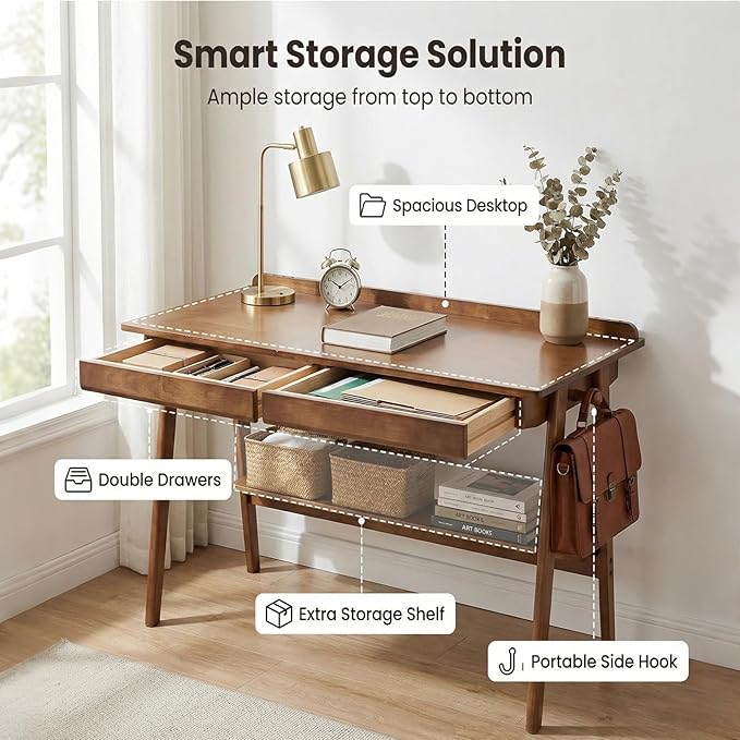 Solid Wood Writing Desk with Drawers, Walnut, Mid Century Modern Style, 47.24" x 23.62" x 29.53", for Home Office, Bedroom