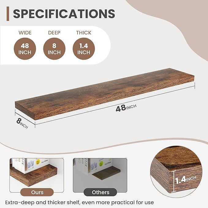 48 Inch Floating Shelves, 8 Inch Deep Floating Shelves for Wall, Hanging Shelf with Invisible Brackets, Deep Shelves for Bathroom, Bedroom, Living Room, Brown, Set of 1
