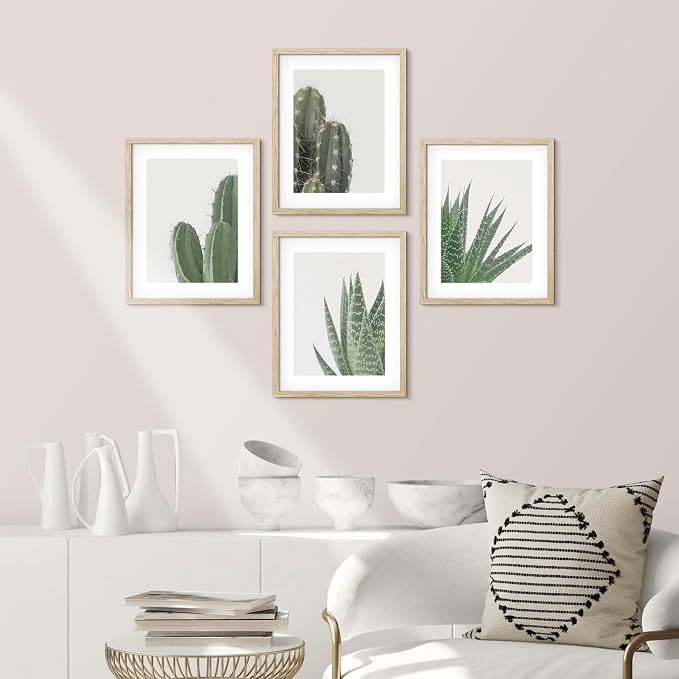SIGNWIN Framed Green Cactus Snake Plant Wall Art, Set of 4 Collage Desert Landscape Wall Decor Prints, Nature Wilderness Wall Décor for Living Room, Bedroom - 11"x14"Natural