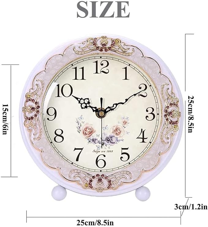 Justup Vintage Wooden Table Clock, Retro Non-Ticking European Style Beside Mantle Desk Clock Battery Operated Silent Quartz Movement for Bedroom Living Room Indoor Decor (White-Rose)