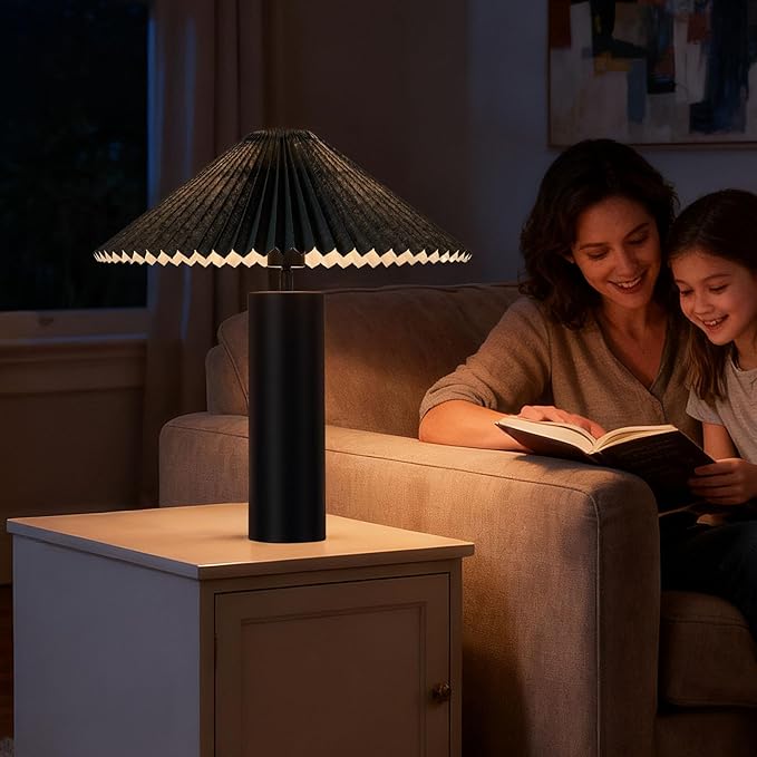 Modern Table Lamp with Metal Blade Lampshade and Cylindrical Base, E26 Bulb Compatible, Contemporary Accent Light for Living Room, Bedroom, Office (Black)