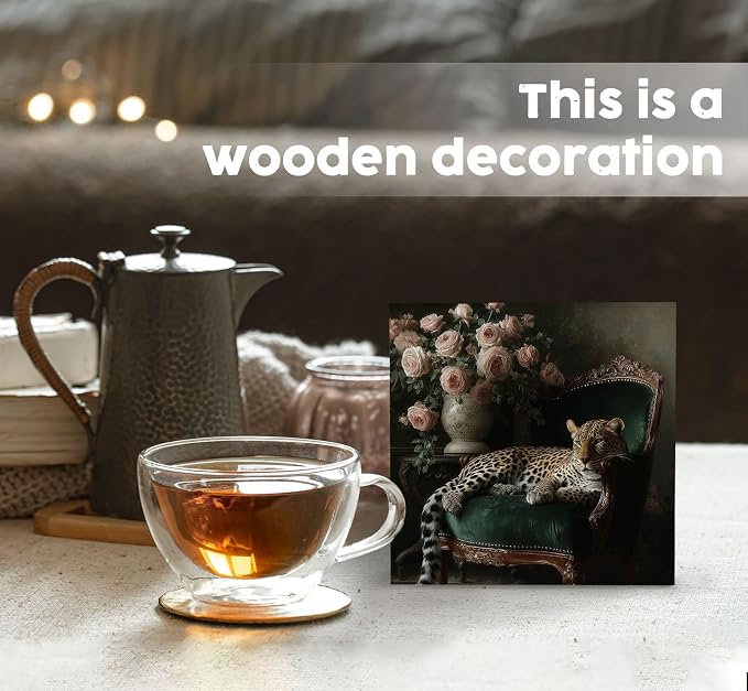 Leopard Room Decor Signs, Leopard Gifts for Women, Luxury Dark Academia Classic Maximalist Cheetah Floral Wooden Box Sign for Girls Room Bedroom Apartment Desk Table Shelf 5x5 Inch