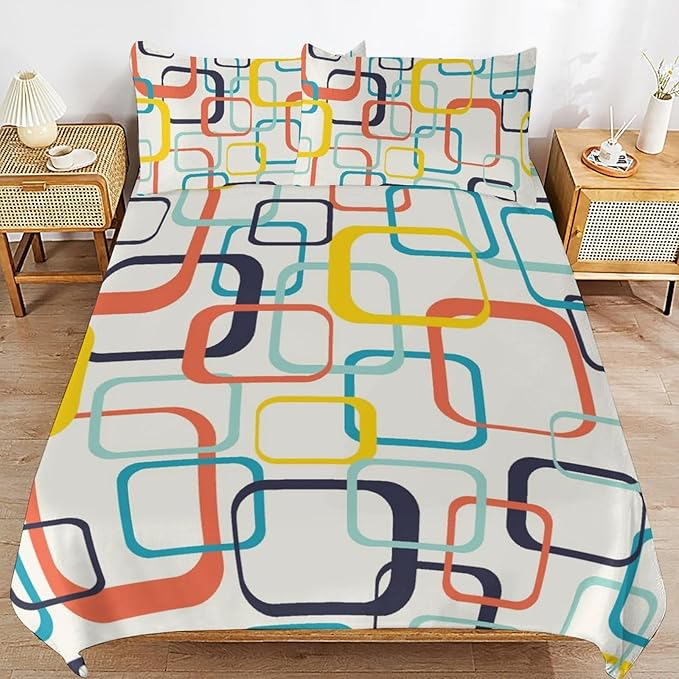 Mid Century Duvet Cover Sets Aesthetic Abstract Geometric Mid Century Retro Printed Lightweight Soft Quilt Cover Minimalist Soft Microfiber 3 Piece (1 Duvet Cover 90x90in + 2 Pillow Sham 20x30in)