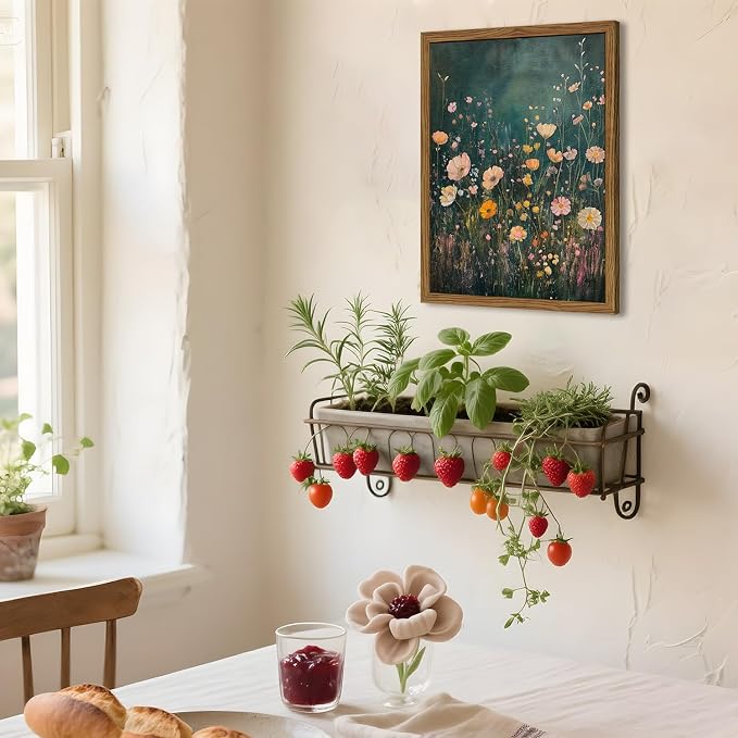 Dark Wildflower Wall Art Vintage Moody Flower Botanical Wall Decor Painting Cottagecore Floral Plant Artwork 3D Textured Sandstone for Living Room Bedroom 16x24 inch Wood Framed