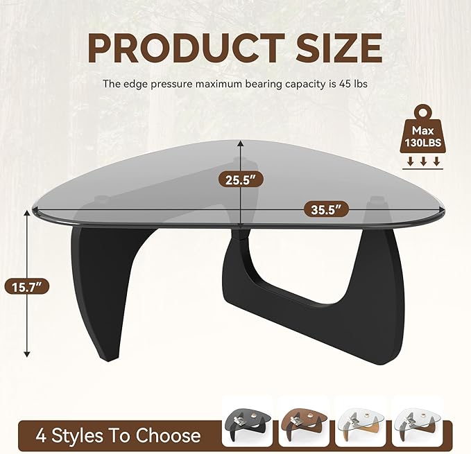 Modern Glass Coffee Table, Triangle Center Table with Tempered Glass Top& Unique Wooden Base, 35.5” Mid Century Tea Tables for Living Room, Apartment, Office,Black & Grey