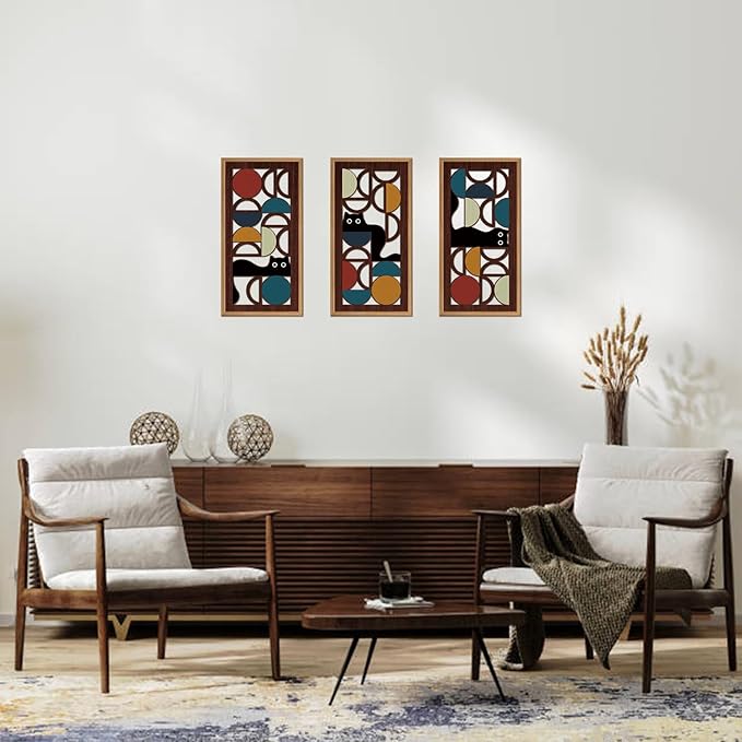 IARTTOP 3Pcs Boho Black Cat Wall Decor Framed Abstract Geometric Wood Wall Art Mid Century Modern Artwork Geometric Cat Hanging Decor for Living Room Bedroom Office Lovely Cat Gifts 8 x16 Inch