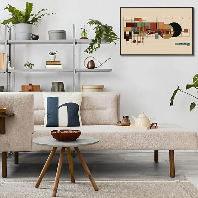 Bauhaus 1923 Geometric Framed Poster Modernist Bauhaus Style Earth Tone Grid Canvas Wall Art Circles And Rectangles Prints Painting For Home Bedroom Dorm Wall Decor 8x10in Framed