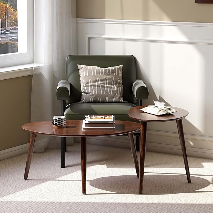 100% Solid Oak Wood Nesting Coffee Table,Mid Century Modern Oval Coffee Tables Set, Round Tables for Living Room, Pebble Side Table for Balcony (Walnut, Combine)