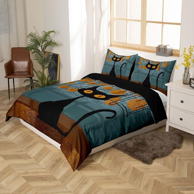 Erosebridal Black Cat Duvet Cover Full Abstract Minimalist Geometric Bedding Set Modern Aesthetic Comforter Cover for Kids Girls Boys Adults Cartoon Animals Bed Set