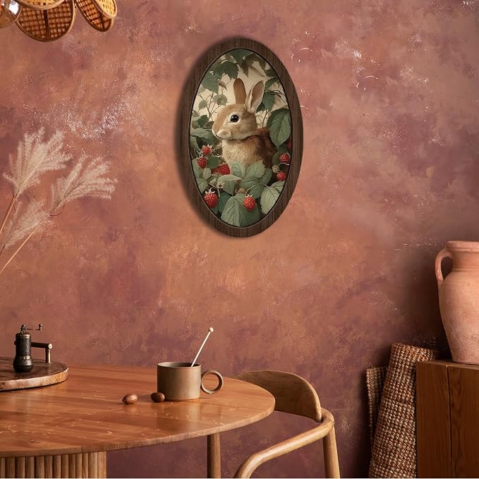 UYIKG Vintage Rabbit Wall Art Decor,Cute Bunny Oval Wall Decor,Rustic Cottagecore Animal Botanical Oval Wooden Framed Decorations for Nursery Kids Room Bedroom Living Room 9x14.6 in