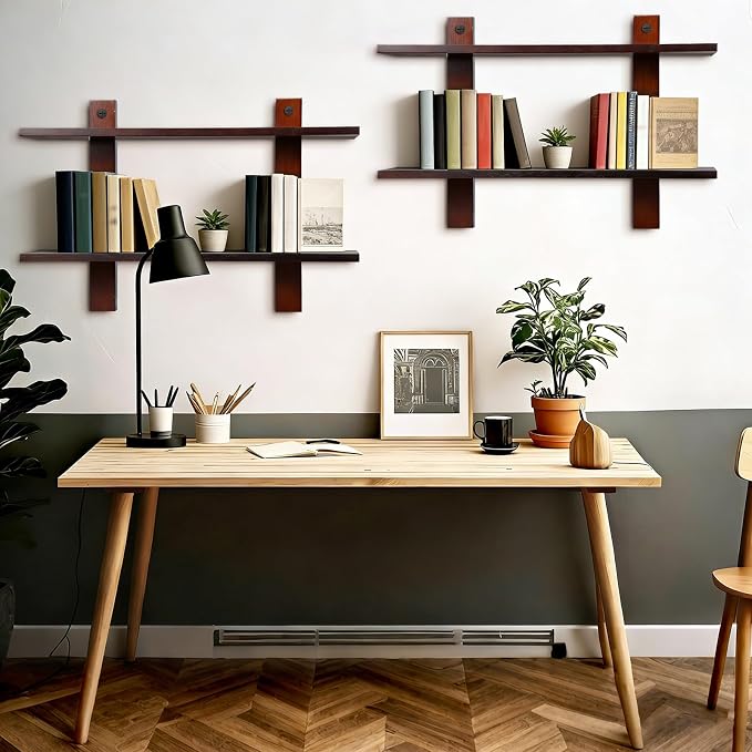 Vercraft Floating Shelves for Wall Set of 2 Long 2 Tier Wood Wall Mounted Shelves Mid Century Modern Decorative Storage Plant Photo Display for Living Room Bedroom Kitchen Office Coffee Bar Decor