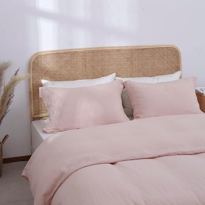 Simple&Opulence 100% Linen Duvet Cover Set, 3 PCS Natural French Flax Blush Pink Duvet Cover Queen Size, Breathable Soft Comfy Linen Bedding Comforter Cover with 2 Pillowcases(Blush Pink, 88"x92")