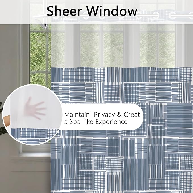 No Hook Geometric Shower Curtain with Snap in Liner - Gray Blue Modern Geometric Design, Waterproof Fabric Shower Curtains for Modern Bathroom with Mesh Top Window, 71x74 Inch
