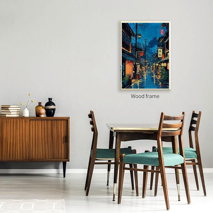 Japanese Tokyo Tea House Framed Canvas Wall Art Japanese City Street Cafe Scene Picture Print Modern Ukiyo-e Decor Poster for Japanese Home Bedroom Decorations Artwork24x36in