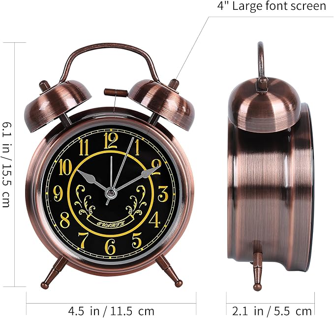 pxy Retro Alarm Clock for Heavy Sleepers 3D Dial Battery Operated (Battery Include), 4" Super Silent Analog Alarm Clock for Kids with Night Light PT260 Silver OrangePT258-6 Red Copper