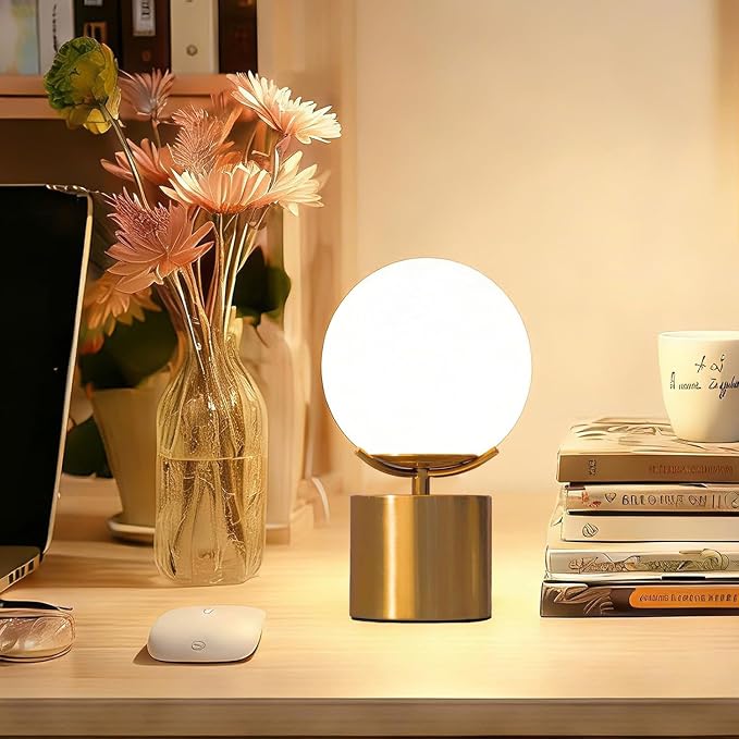 10 Inch Gold Globe Table Lamp, Mid Century Modern Desk Lamp with Frosted Glass Shade, Eye-Caring Soft Light, Gold Metal Base Ball Bedside Lamp for Bedroom Living Room Nightstand Home Decor