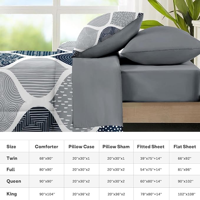 Nesker Comforter Set Full Size, Boho Bohemian Abstract Blue Gray 7 Pcs Bedding for Kids and Adults, Indigo Geometry Grey Bed Sheet Sets with Fitted Sheet 2 Pillowcases & 2 Shams
