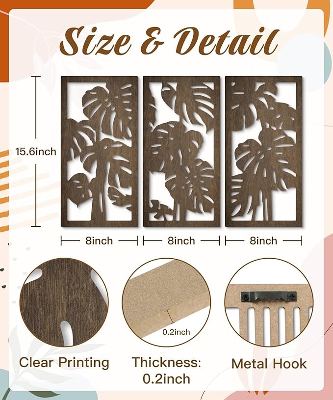 Putuo Decor 3-Piece Tropical Leaf Wood Wall Art Set, Palm Leaf Wall Hanging Decor for Bedroom Living Room Bathroom Balcony Decor