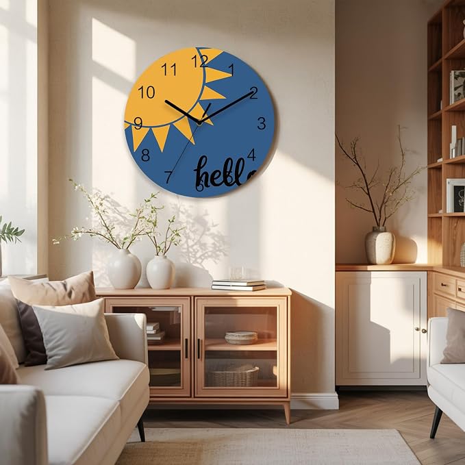 Sunburst Rays Wall Clock Battery Operated Non-Ticking 12" Round Wood Clocks, Mustard Yellow Slate Blue Kitchen Wall Clock for School Bathroom Living Room Home Office Wall Decor