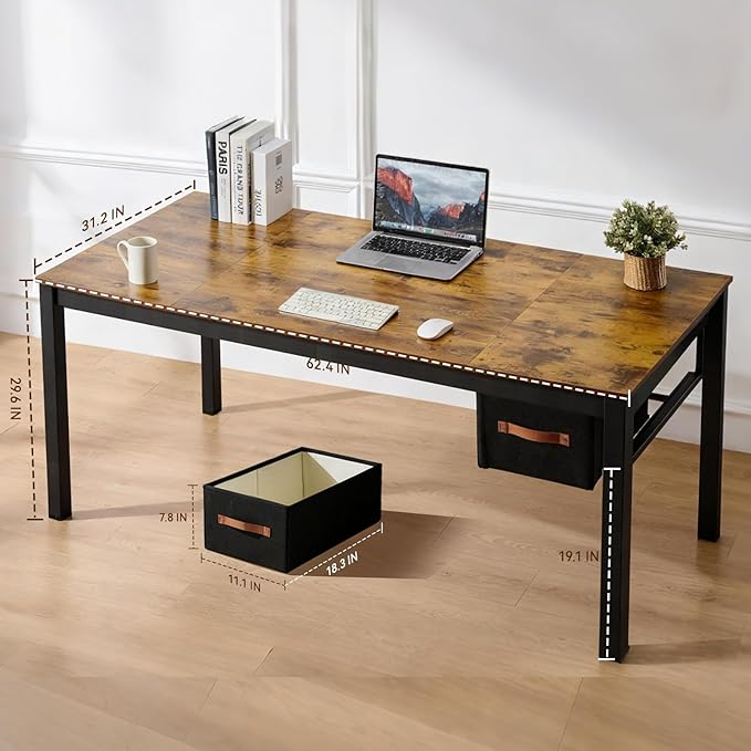 Computer Desk with Drawer, 63 Inch Large Home Office Work Desks, Modern Writing Study PC Desk Gaming Table for Bedroom Home, Stable Thick Metal Legs Frame Support （Rustic Brown）