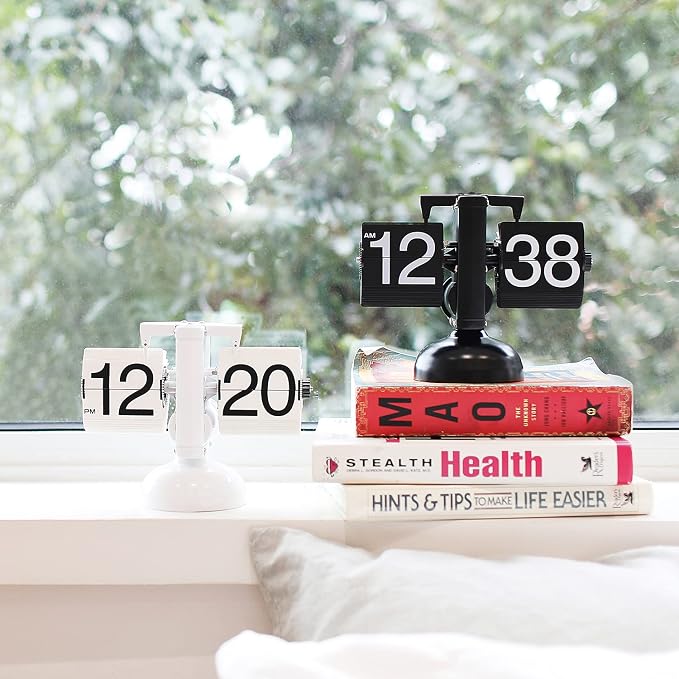 mooas Flip Desk Clock (White), Retro Vintage Design Auto Flip Clock Desk Clock Table Clock Large Number Battery Powered Internal Gear Operated Home Décor Ideal for Home Office School Hotel Café