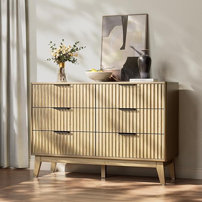 Modern 6 Drawer Dresser, Natural Oak, Fluted Wave Design, Rounded Corners, Mid Century Dresser TV Stand, 48" Wide Chest of Drawers for Bedroom and Living Room