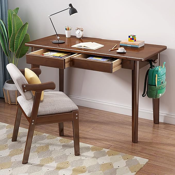 Solid Wood Writing Desk with Drawers,Mid-Century Modern Computer Desk Work Study Table,Simple Home Office Desk Workstation with Hook for Small Spaces(80x50x75cm(31x20x30inch), Walnut), 1762093
