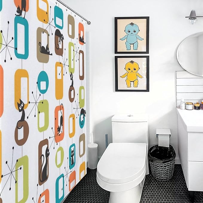 Cats Shower Curtains Mid Century Retro Atomic Black Cat Geometric Abstract Cubes Pattern Duty Fabric Shower Curtain Set Bathroom Polyester Waterproof with 12 Hooks, 66x72Inch（168x183cm）