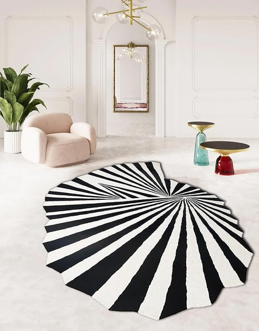 Black and White Striped Irregular Shaped Area Rug for Living Room Dining Room Bedroom Indoor Washable Rugs Modern Abstract Optical Art Meetingroom Home Office Lightweight Soft Shaggy Carpet 5x7