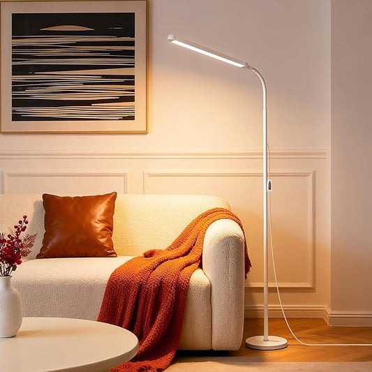 White 12W LED Bright Reading Floor Lamp for Living Room Bedroom Bedside Office Library, Eye-protection flicker-free adjustable from 3000-6000K ,Eyelash Tattoo Makeup Tall Standing Dimming Light