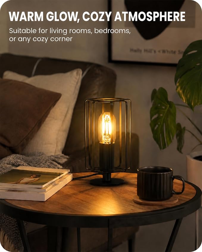 Industrial Small Table Lamp, Small Bedside Lamp with Dimmable 2400K Warm Light LED Bulb, Vintage Desk Lamp, Black Nightstand Lamp for Bedroom, Study, Office, Small Space, B05TL05