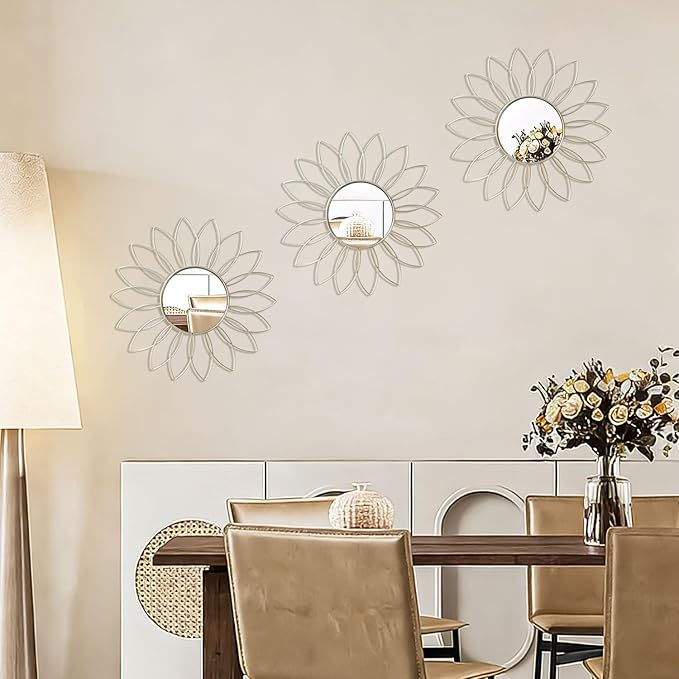 3 Pack Metal Mirrors for Wall Sunburst Wall Mirrors Home Décor Decorative Hanging Wall Art for Living Room Bedroom Entryway (Silver2, Flowers)