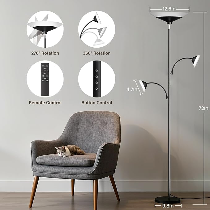 SIBRILLE 3 Way Torchiere Floor Lamp - 42W Dimmable LED Tree Standing Lamp with Remote, 2300LM, Color Changing, 72" Tall Bright Floor Lamp for Living Room Bedroom Office