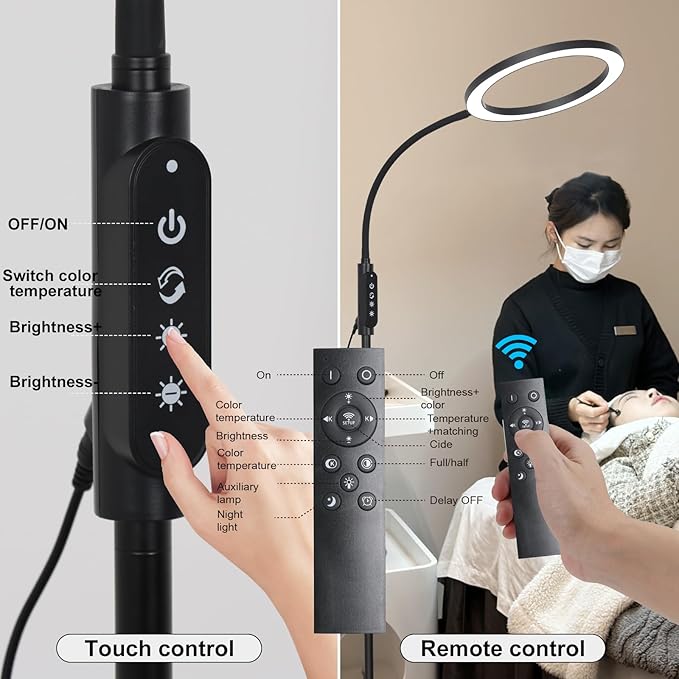 Professional LED Tattoo and Eyelash Lights - Adjustable Gooseneck Floor Lamp with Remote/Touch Control, Shadow-Free, Strobe-Free Bright Lighting for Salons, Manicures, Artists, Salons, Home Use