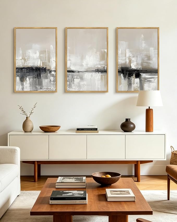 KUVIOKE Abstract Gray Framed Wall Art Neutral Brown Artwork Painting Morden Minimalist Wall Decor Rustic Home Decor 24x36in (Natural Framed)