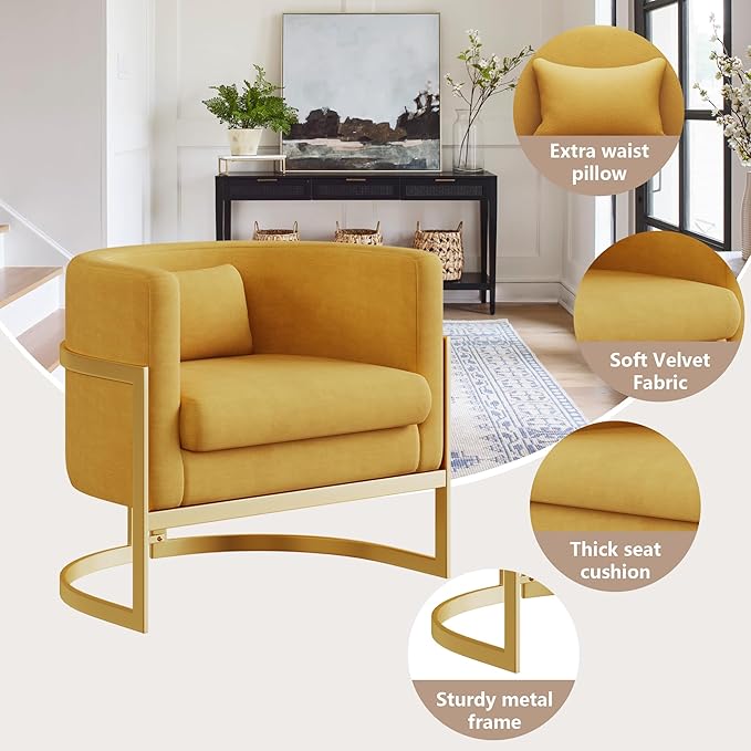 Velvet Accent Chair Modern Barrel Chair with Gold Legs Upholstered Armchair for Bedroom Living Room Sofa Chair Club Side Chairs Yellow
