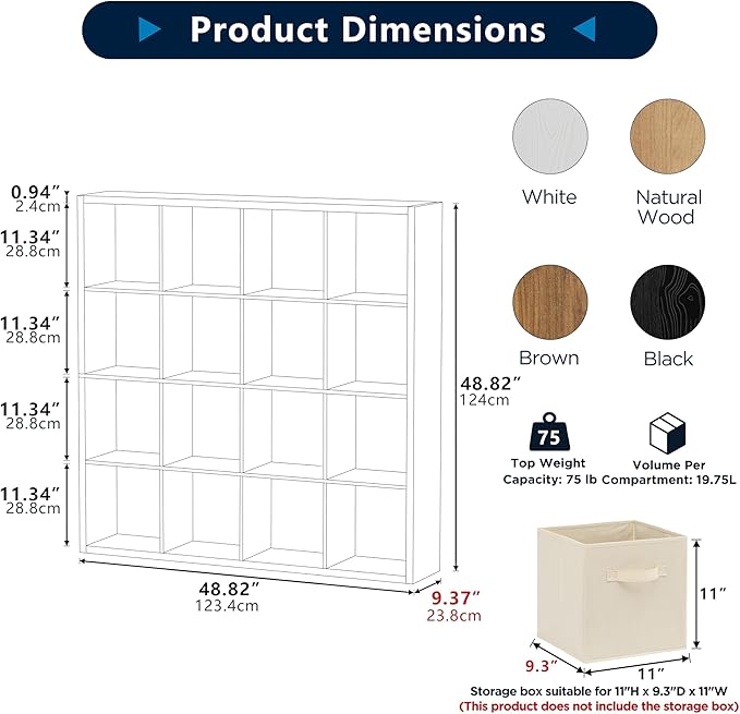 16-Cube Storage Organizer Bookcase, Thick Frame Wood Grain Storage Shelf, Rectangular Cube Open Back Display Unit, 48.8x9.4x48.8 Inches for Living Room, Bedroom, Home Office, Natural Wood