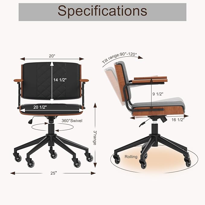 Ergonomic Office Chair with Rubber Wheels & Walnut Arms - PU Leather Mid-Back Desk Chair, Adjustable Height, Bentwood Backrest | Swivel Rocking Design for Home Office, Meeting Room, Study