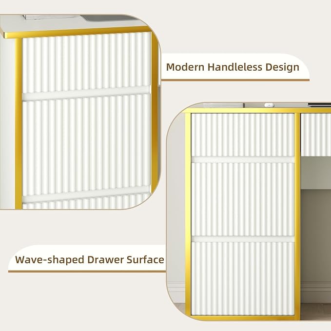 4 EVER WINNER White Desk with Drawers, 47'' Computer Desk with 4 Drawers for Small Spaces, Small Office Desk with File Drawer for Study Room, Bedroom, White and Gold Desk
