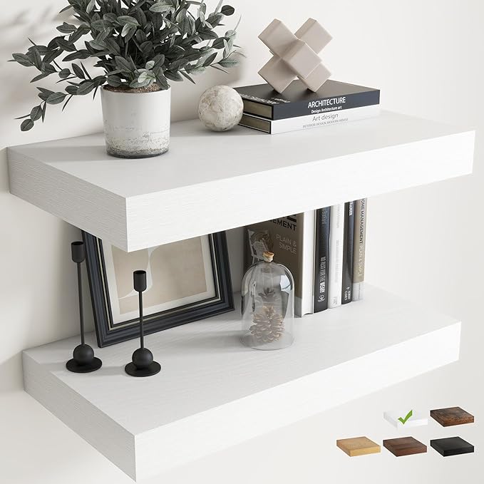 Marsmiles 12" Deep Floating Shelves for Wall with Invisible Brackets, Wall Mounted Engineered Wood Shelves with Wood Grain for Living Room, Bedroom, Kitchen Decor and Storage, 24" L Set of 2, White