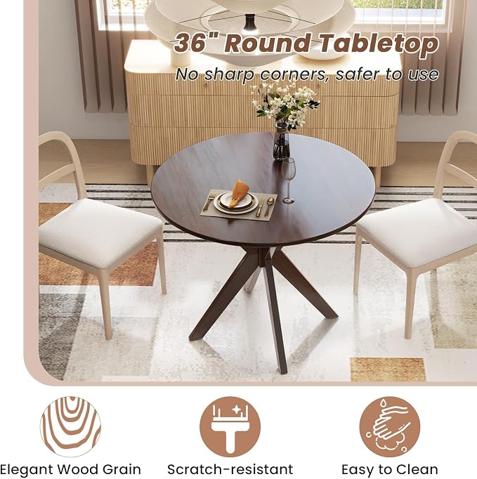 Moccha 36" Round Dining Table for 4 - Rubber Wood Kitchen Table with Intersecting Trestle Legs, Vintage Bar Table, Farmhouse Dining Room Tables for Dinette, Small Space, Restaurant, Bistro (Walnut)