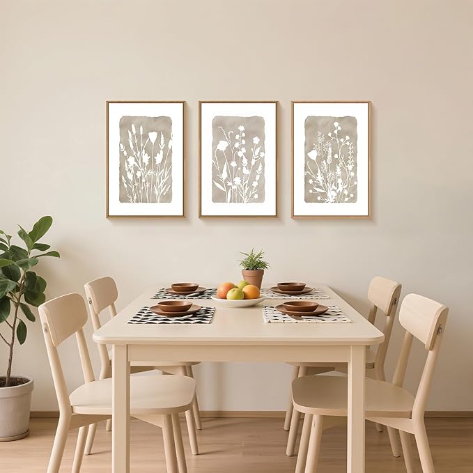 FWIEXA Neutral Botanical Canvas Wall Art Set 3, Minimalist Boho Wildflowr Framed Prints, Beige Floral Paintings, 24x36In Rustic Plant Artwork Poster for Farmhouse, Gift, Living Room, Bedroom, Office