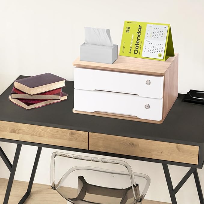 Wooden Desk Organizer with Drawers & Lock Desktop Storage Cabinet Tabletop Organizing Unit for Home Office Supplies File Stationery Jewelry (Light Brown, 2 Tiers)