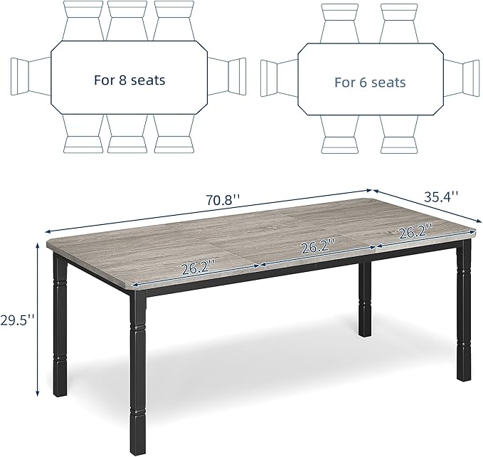 IDEALHOUSE 71" Dining Table for 6-8 People, Modern Rectangular Kitchen Table with Sturdy Metal Legs, Large Wood Farmhouse Dining Room Table for Home Office, Conference, Black & Greige