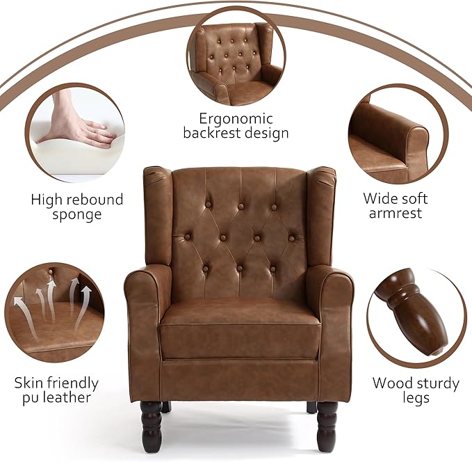 Faux Leather Accent Chairs Set of 2, High Back Upholstered Chair with Button Tufted, Mid-Century Modern Comfy Wingback Chair Reading Armchair for Living Room for Bedroom, Office-P Brown