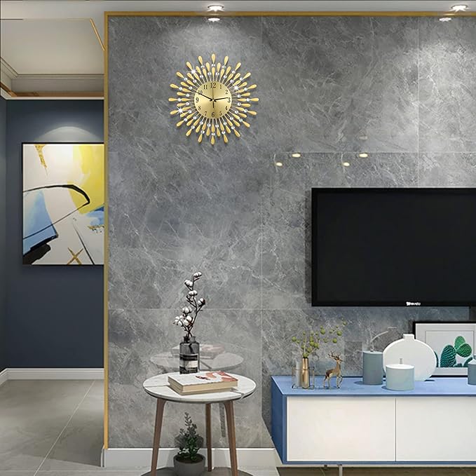 24 INCH Gold Large Wall Clock for Living Room Decor,Non-Ticking Quiet Metal Petals Dial Glass Big Wall Clocks Black for Bedroom,bedrooms Kitchen and Small Space Decoration