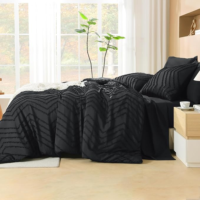 Litanika Black Full Size Comforter Set with Sheets - 7 Pieces Bed in a Bag Full Tufted Complete Bedding Sets with Comforter, Sheets, Pillowcases & Shams