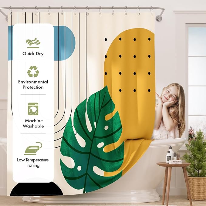 AmazerBath Boho Shower Curtain, Beige and Brown Abstract Cloth Shower Curtain with 12 Metal Hooks, Luxury Washable Farmhouse Polyester Fabric Bathroom Green Leaf Shower Curtain Set, 72x72 Inches