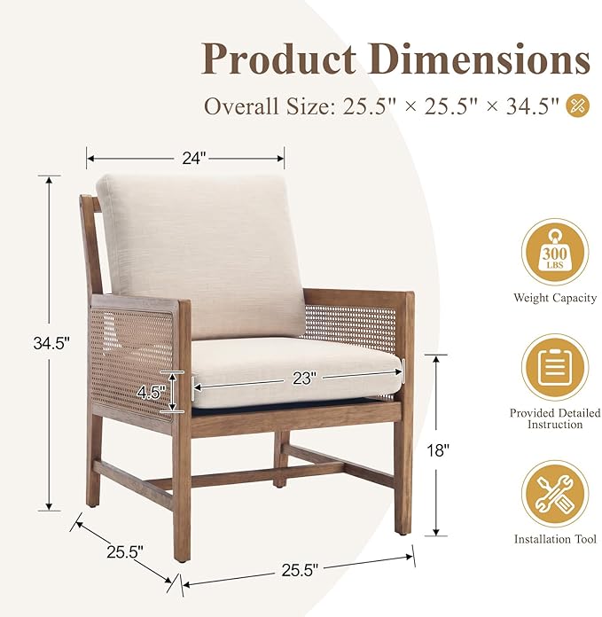 chairus Mid-Century Modern Accent Chairs Set of 2, Upholstered Solid Wood Armchairs with Cane Armrests & Slat Back, Comfy Rattan Reading Chairs for Living Room Bedroom Guest Room, Beige Linen